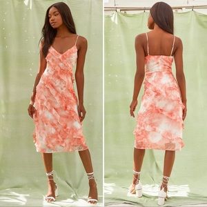 LULUS Coral Pink Tie-Dye Ruffled Midi Dress